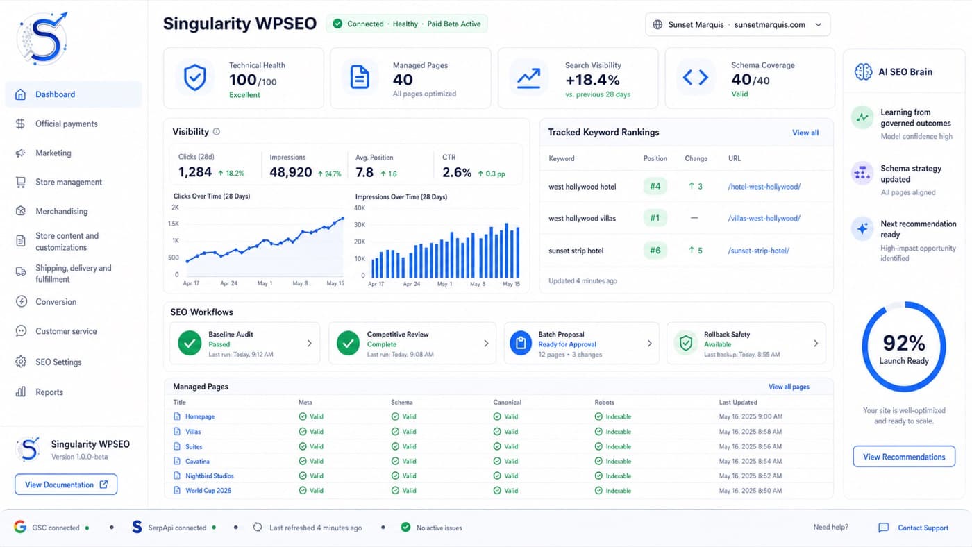 Singularity WPSEO dashboard showing technical health, managed pages, visibility, rankings, workflow status, and AI recommendations