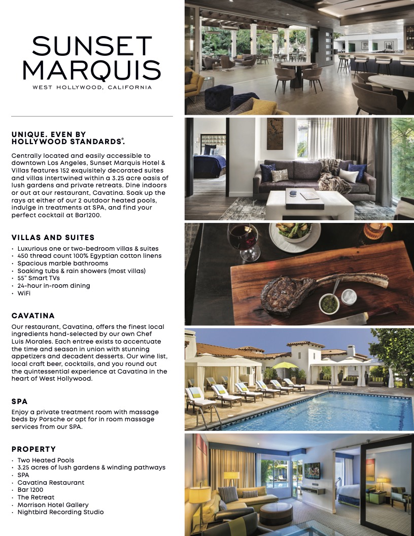 Unique Even by Hollywood Standards — Sunset Marquis GDS one-sheet travel agent sell sheet