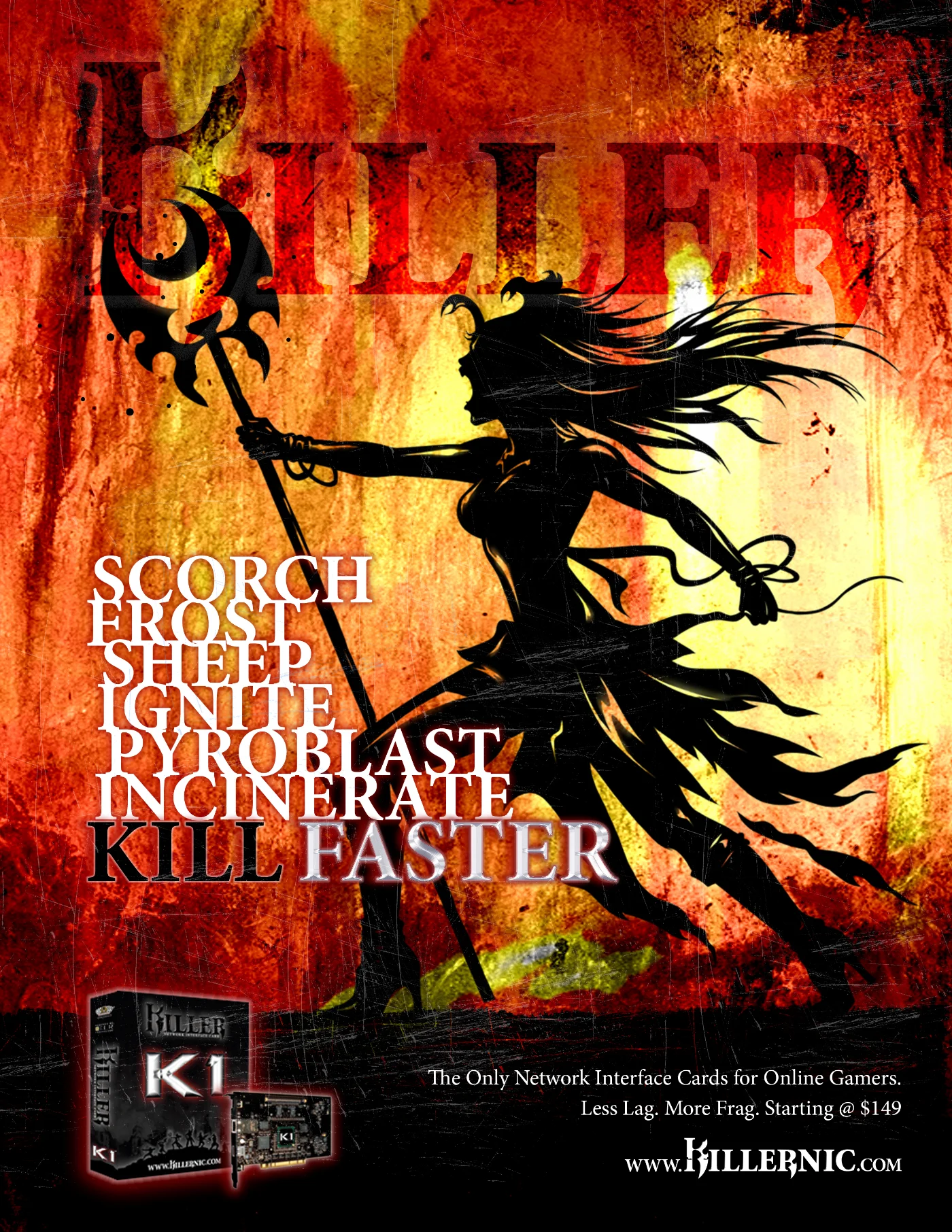 Killer NIC K1 Mage — full-page gaming print ad for Bigfoot Networks, mage character concept