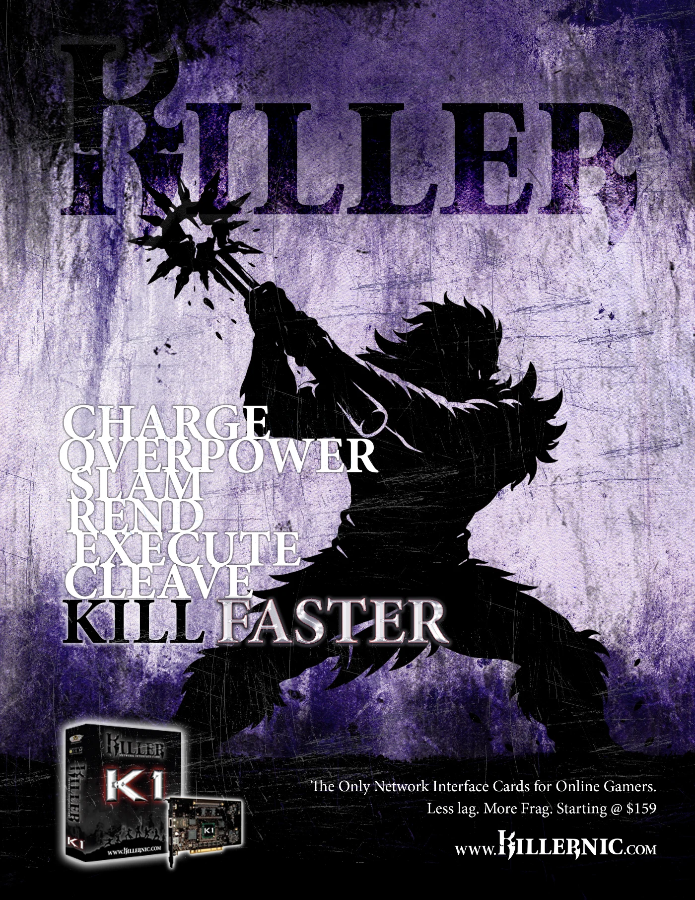 Killer NIC K1 Sniper — full-page gaming print ad for Bigfoot Networks, sniper character concept