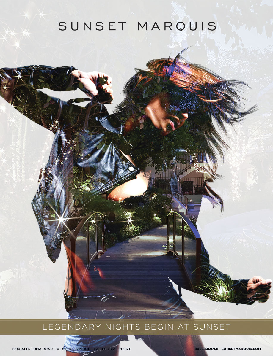 Legendary Nights Begin at Sunset — Sunset Marquis property tagline print ad, rock star double exposure