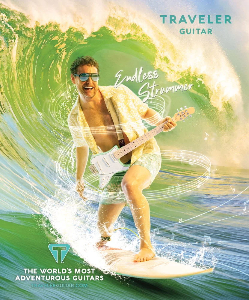 Endless Strummer — Traveler Guitar Redlands Mini full-page surf print ad