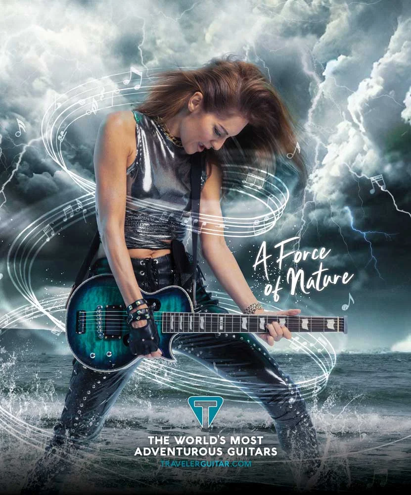 A Force of Nature — Traveler Guitar Vaibrant Teal Burst full-page storm print ad
