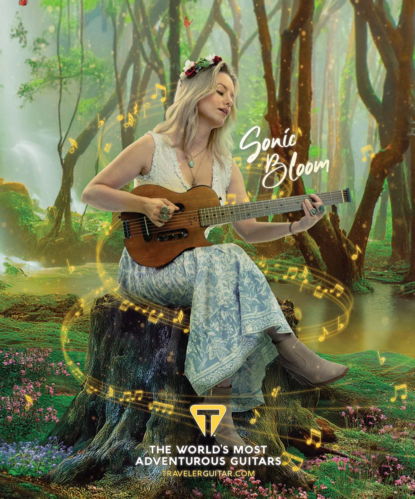 Sonic Bloom — Traveler Guitar Redlands Mini full-page print ad, forest concert