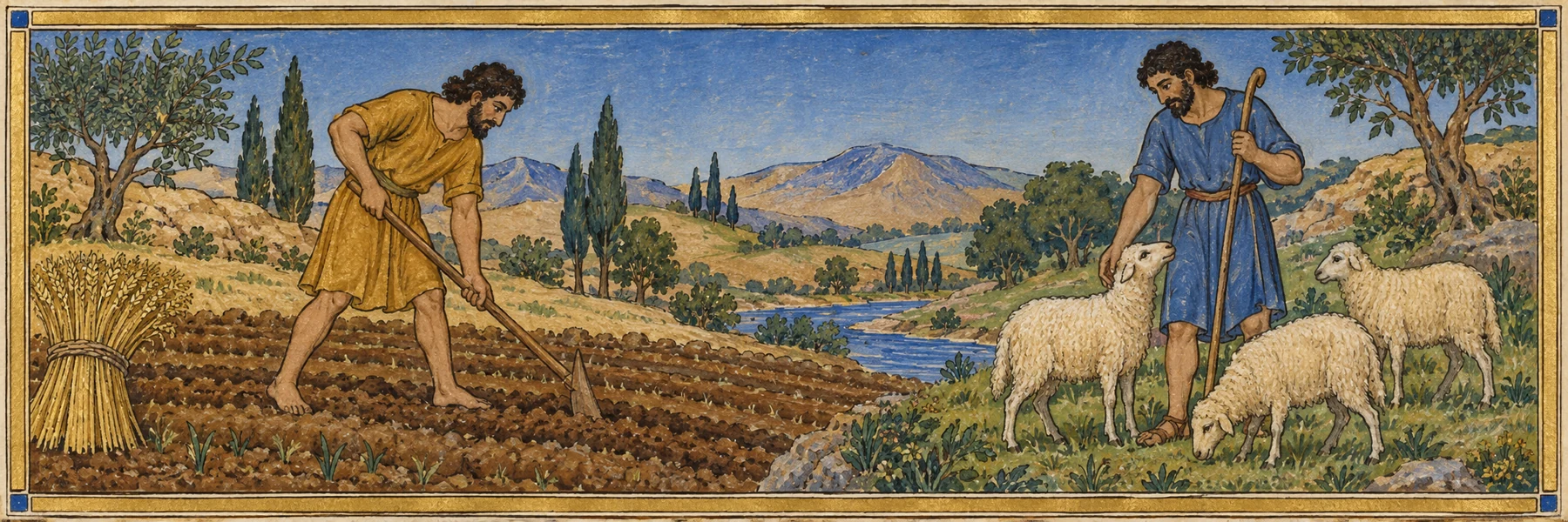 Cain tends the soil; Abel keeps the sheep.