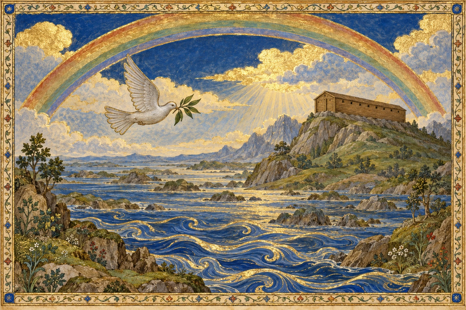 A gold-edged rainbow arches over the ark and the receding waters, with a dove carrying olive leaves.