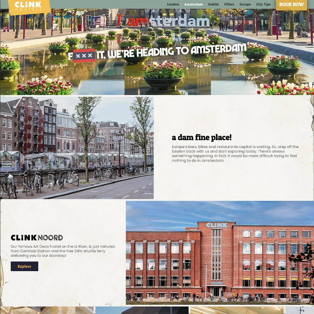 Clink Hostels Amsterdam website · brand copy and messaging system by Adam R. Cagle, Agency689