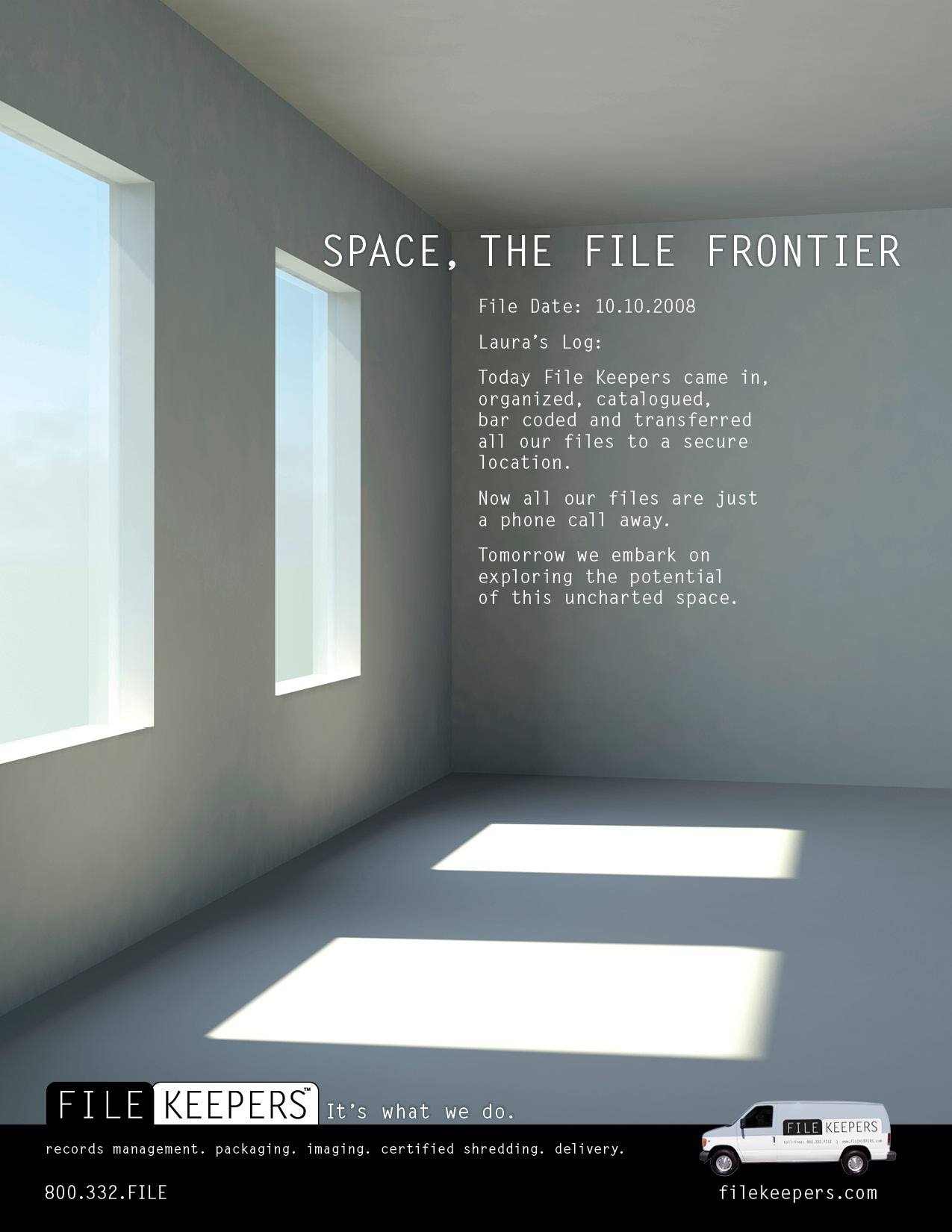 Space. The File Frontier. FileKeepers full-page print ad, an empty office room reclaimed after records were stored offsite