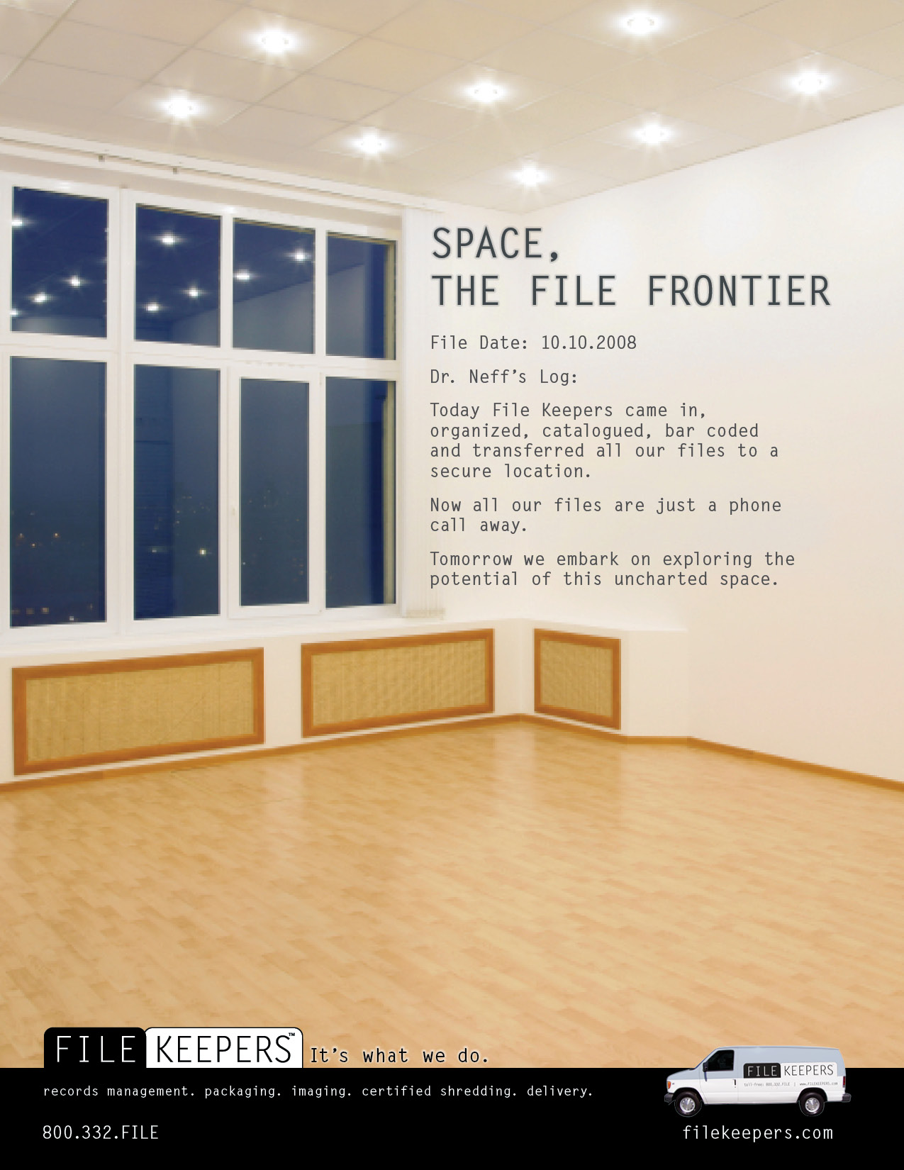 Space. The File Frontier. FileKeepers full-page print ad, an empty office room reclaimed after records were stored offsite