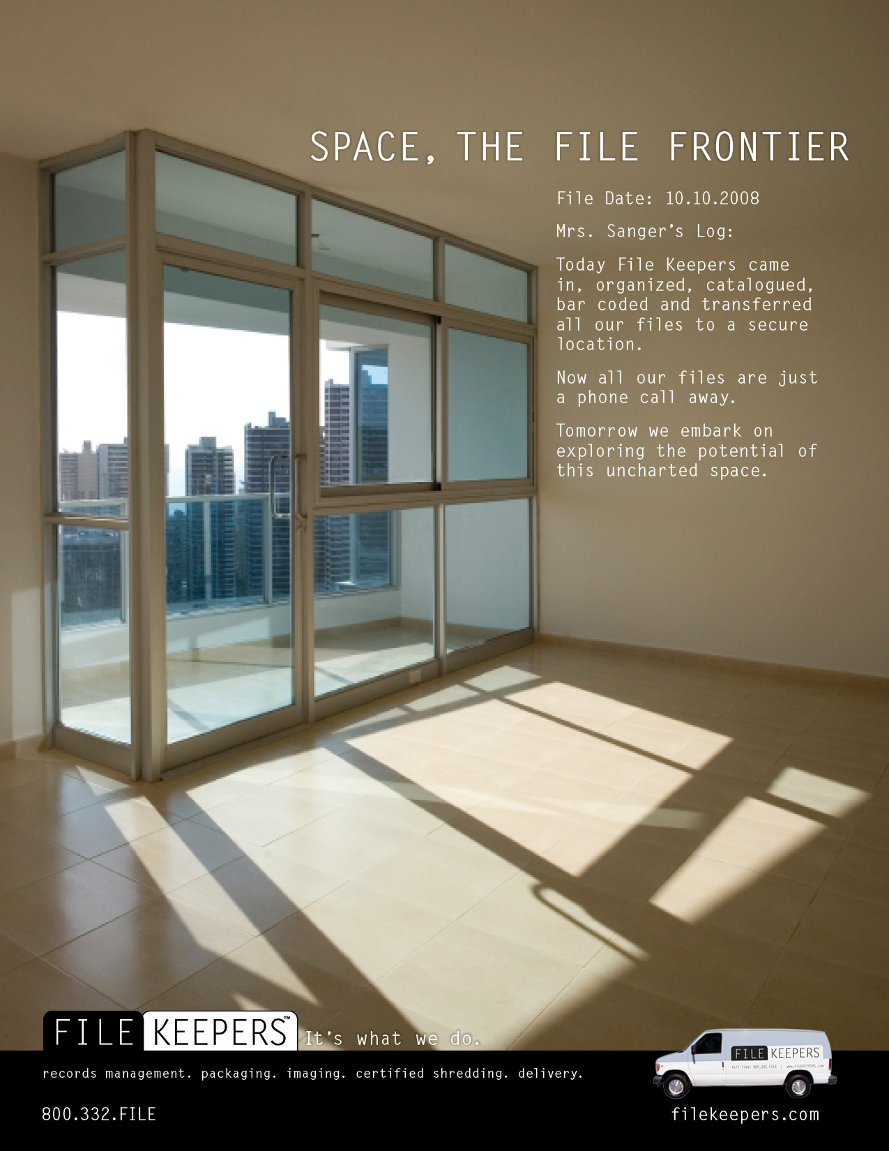 Space. The File Frontier. FileKeepers full-page print ad, an empty office room reclaimed after records were stored offsite
