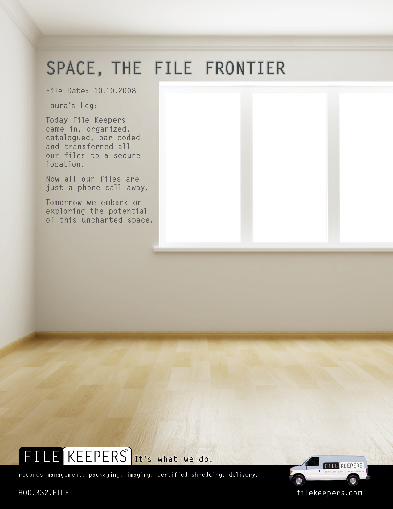 Space. The File Frontier. FileKeepers full-page print ad, an empty office room reclaimed after records were stored offsite