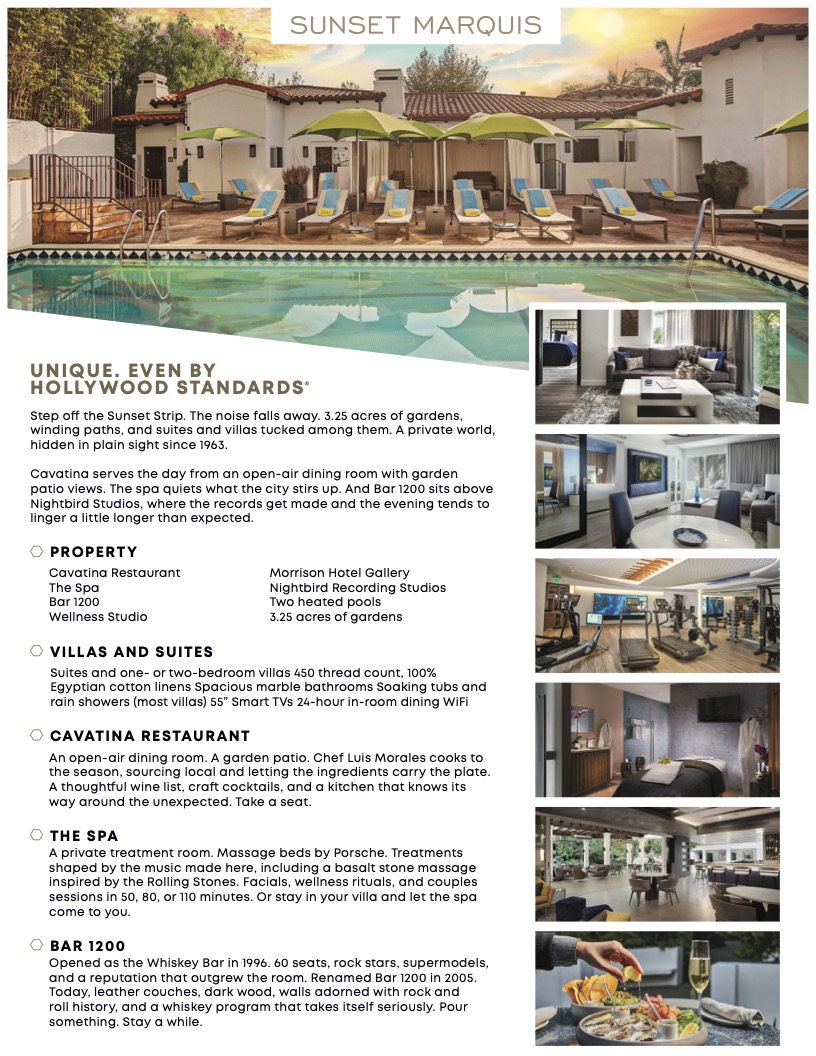 Unique Even by Hollywood Standards · Sunset Marquis GDS one-sheet travel agent sell sheet