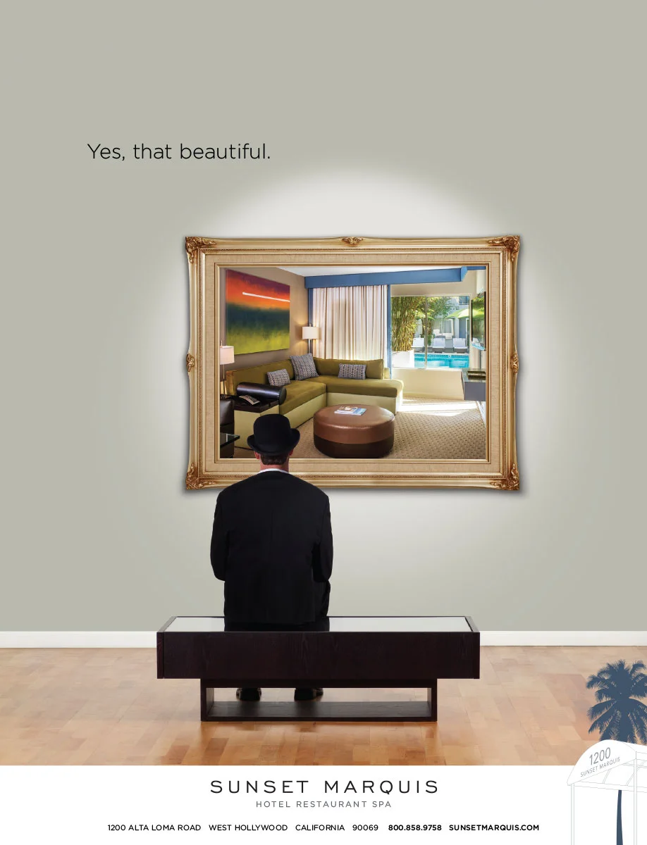 Yes That Beautiful · Sunset Marquis hotel print ad, Magritte-style gallery framing, West Hollywood