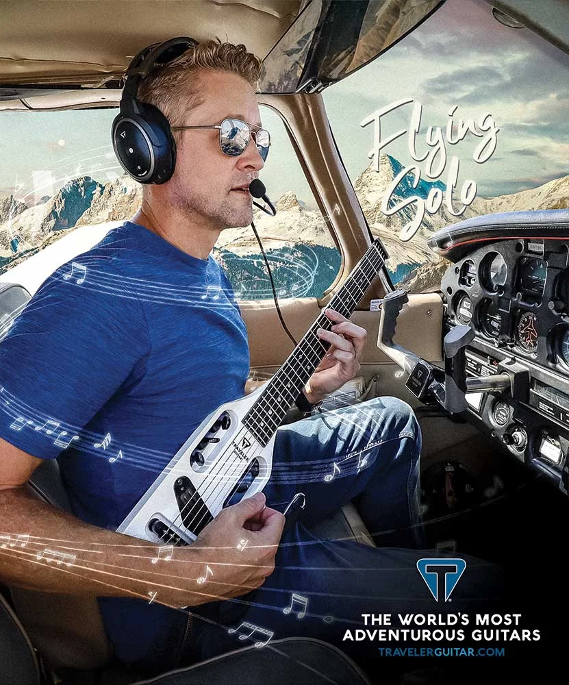 Flying Solo · Traveler Guitar Ultra-Light, cockpit print ad