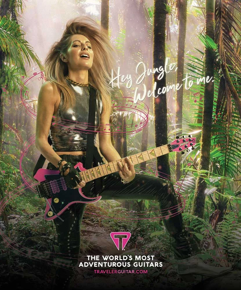 Hey Jungle, Welcome to Me · Traveler Guitar Vaibrant Electric, tropical print ad
