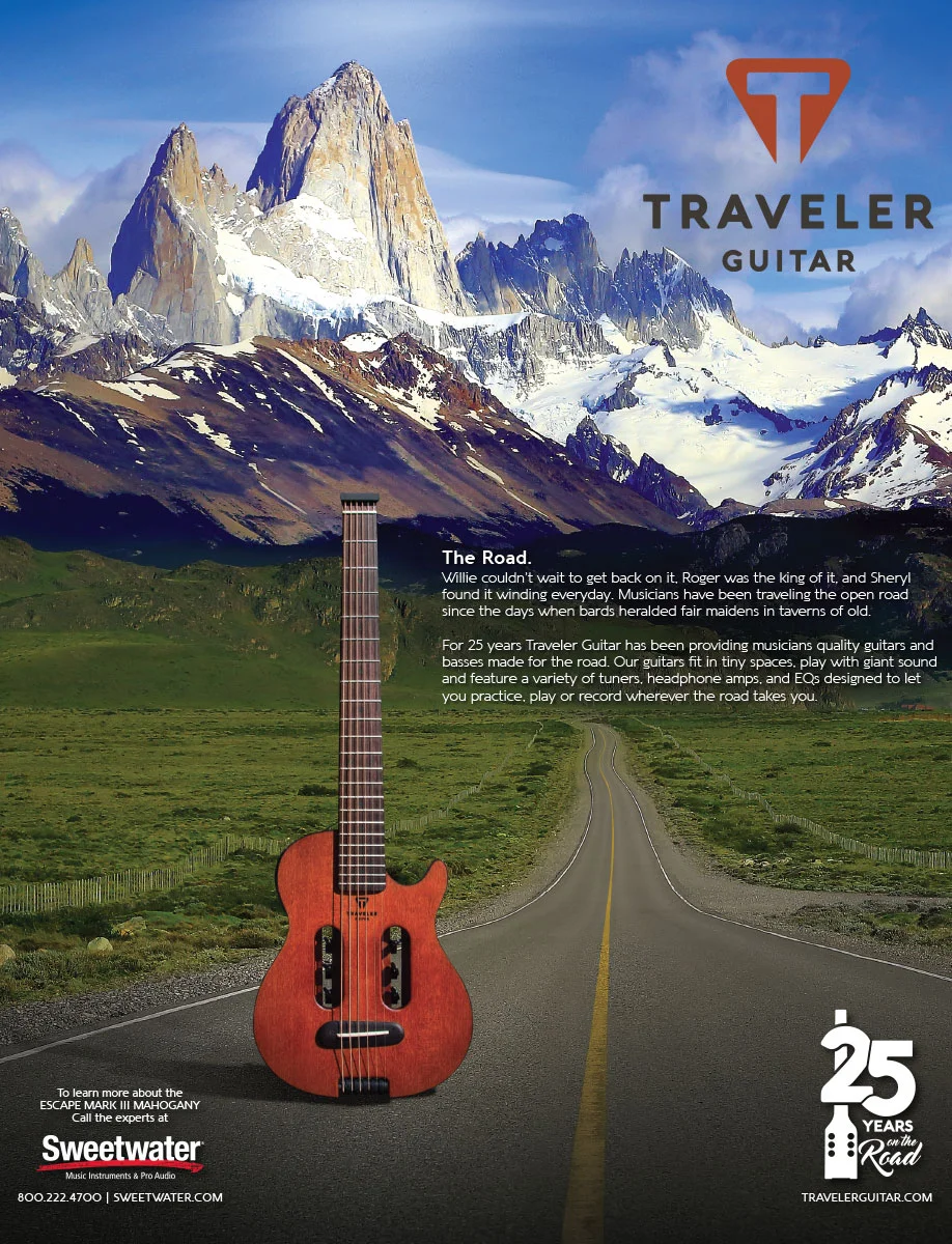 The Road · Escape Mark III Mahogany · Traveler Guitar full-page print ad