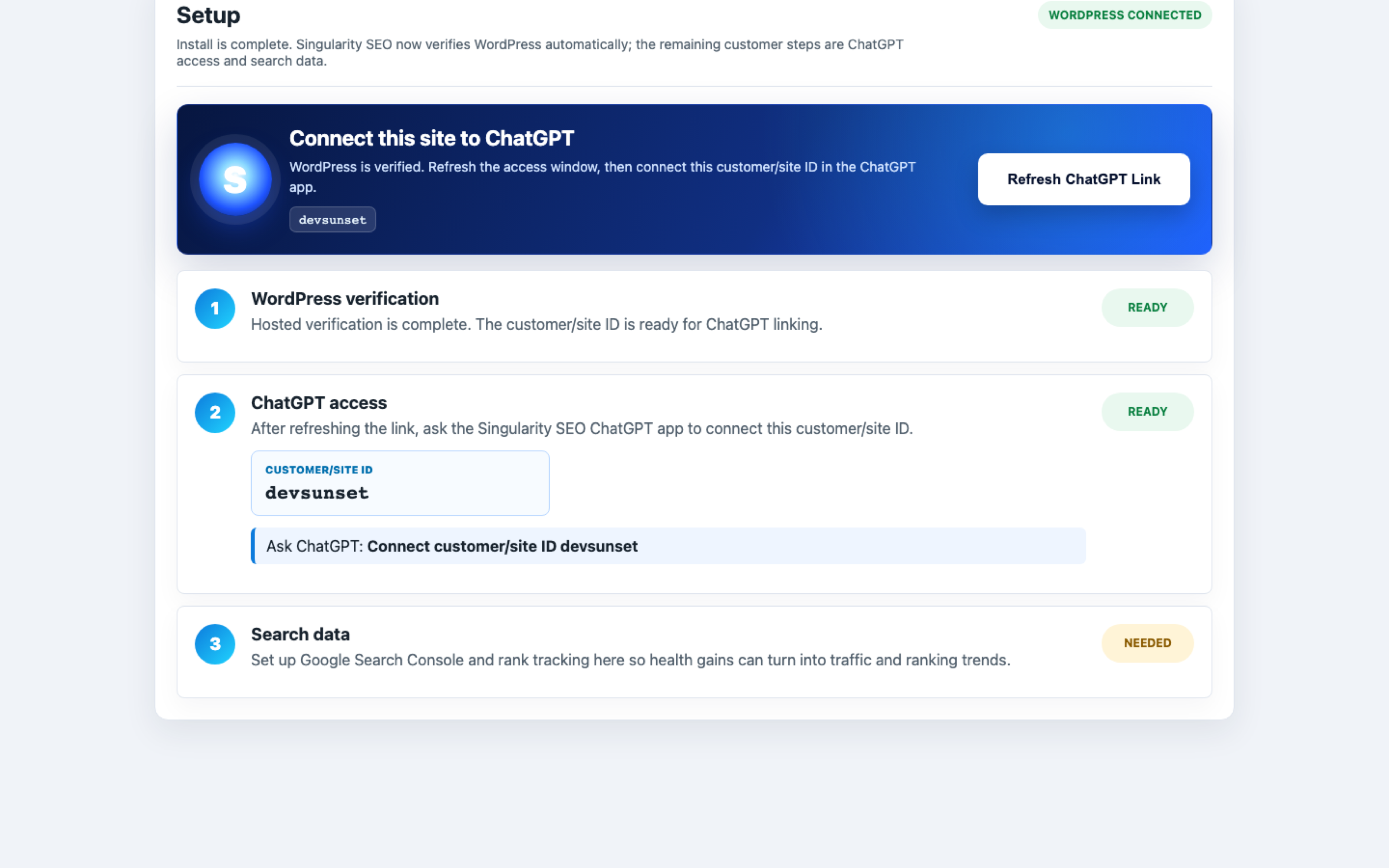 Singularity SEO WordPress dashboard and ChatGPT connection workflow