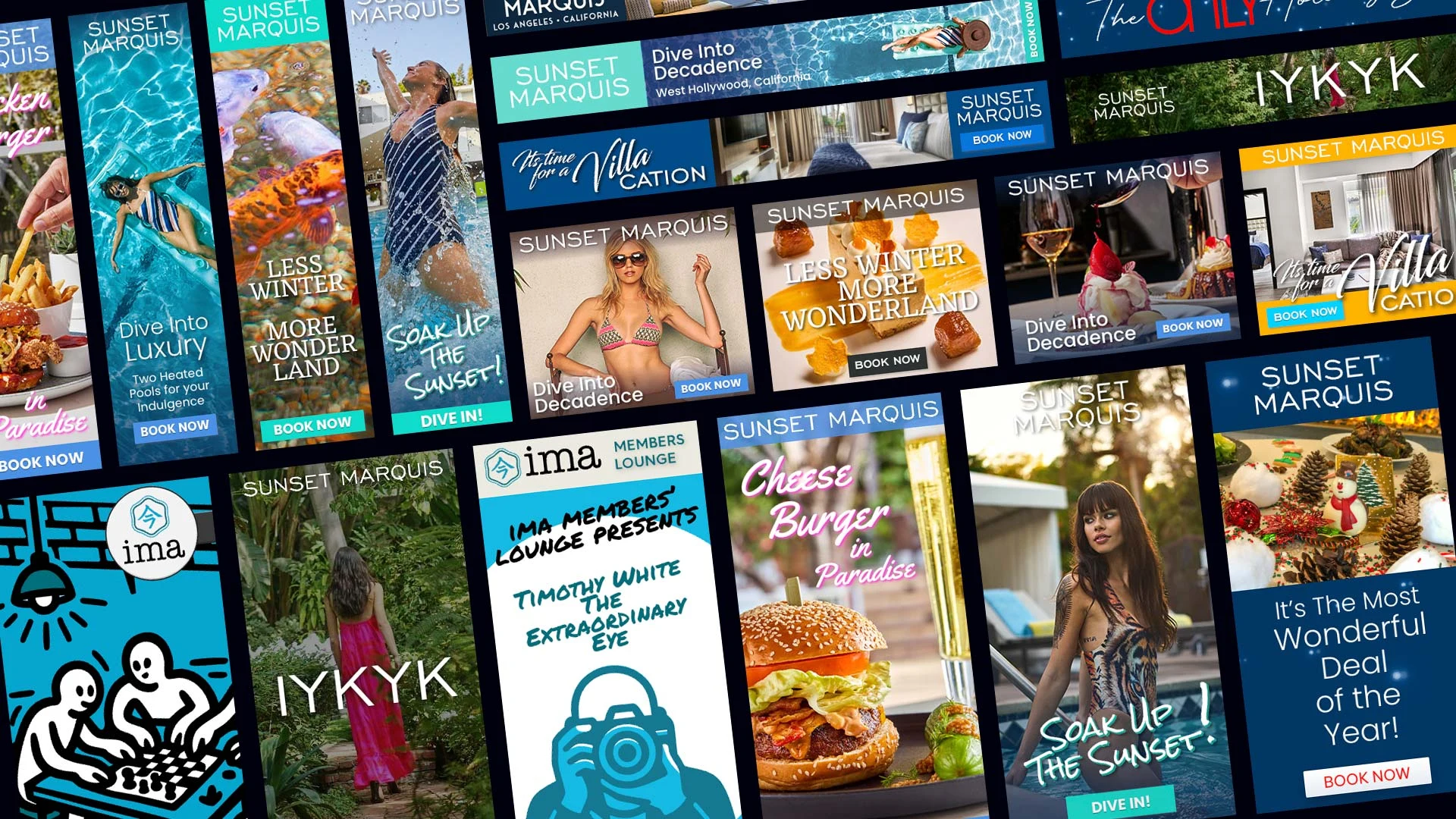 A decade of Sunset Marquis and multi-client banner campaigns across hospitality, food, events, and lifestyle marketing