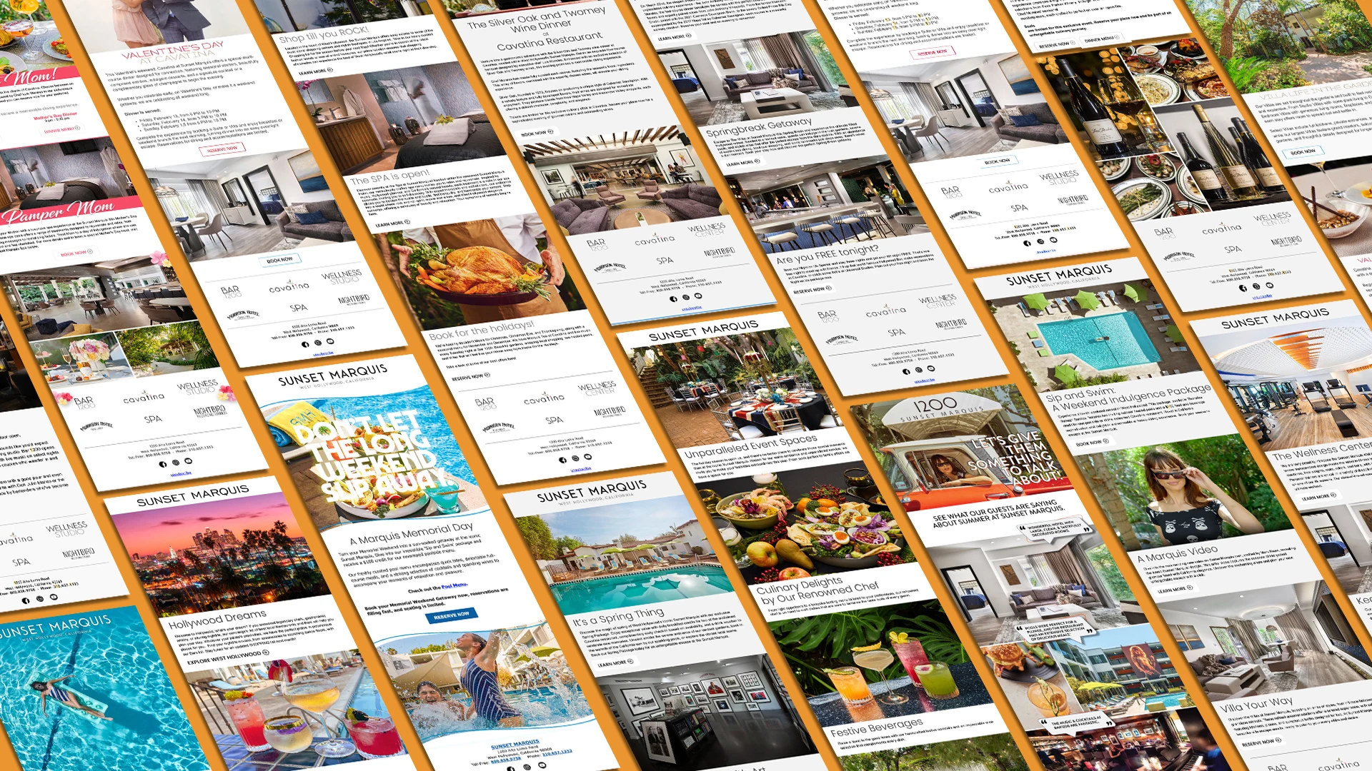 Sunset Marquis email campaigns featuring rooms, dining, wellness, events, offers, and seasonal promotions