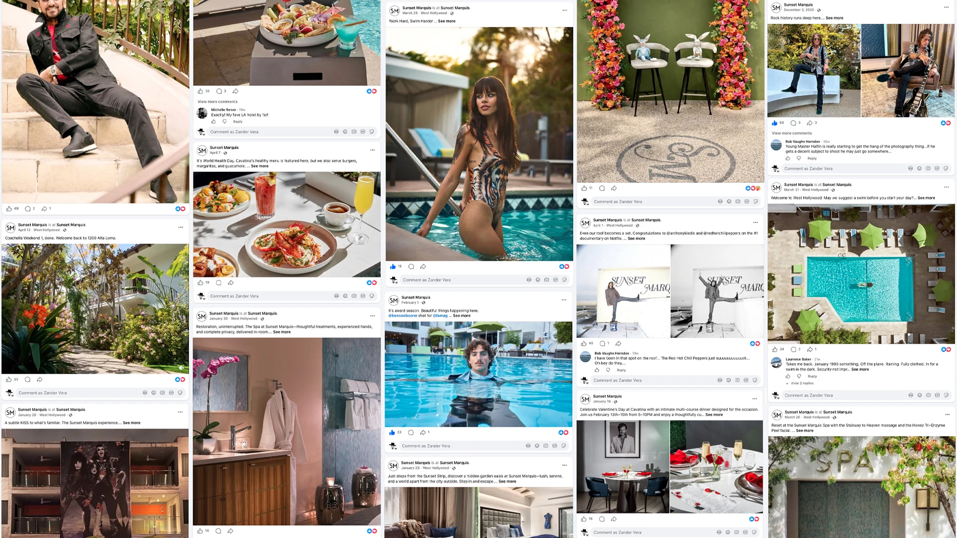 Sunset Marquis social media campaigns featuring the hotel, pool, dining, spa, music history, and seasonal moments