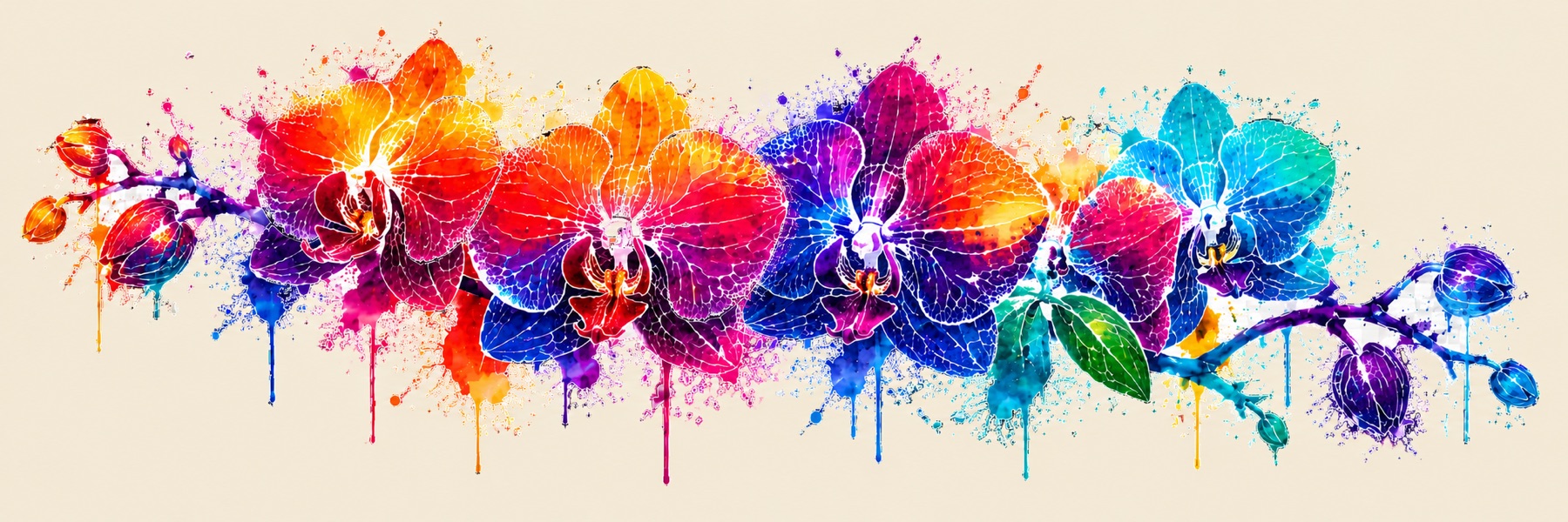 Rainbow watercolor orchids in bloom across cream paper