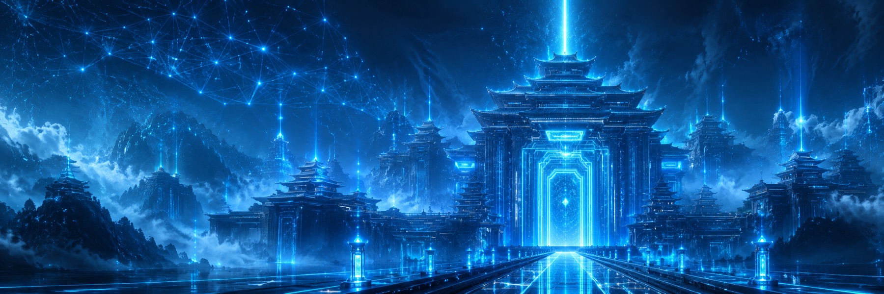 A vast blue digital temple under a constellation of data, the Temples of Syrinx