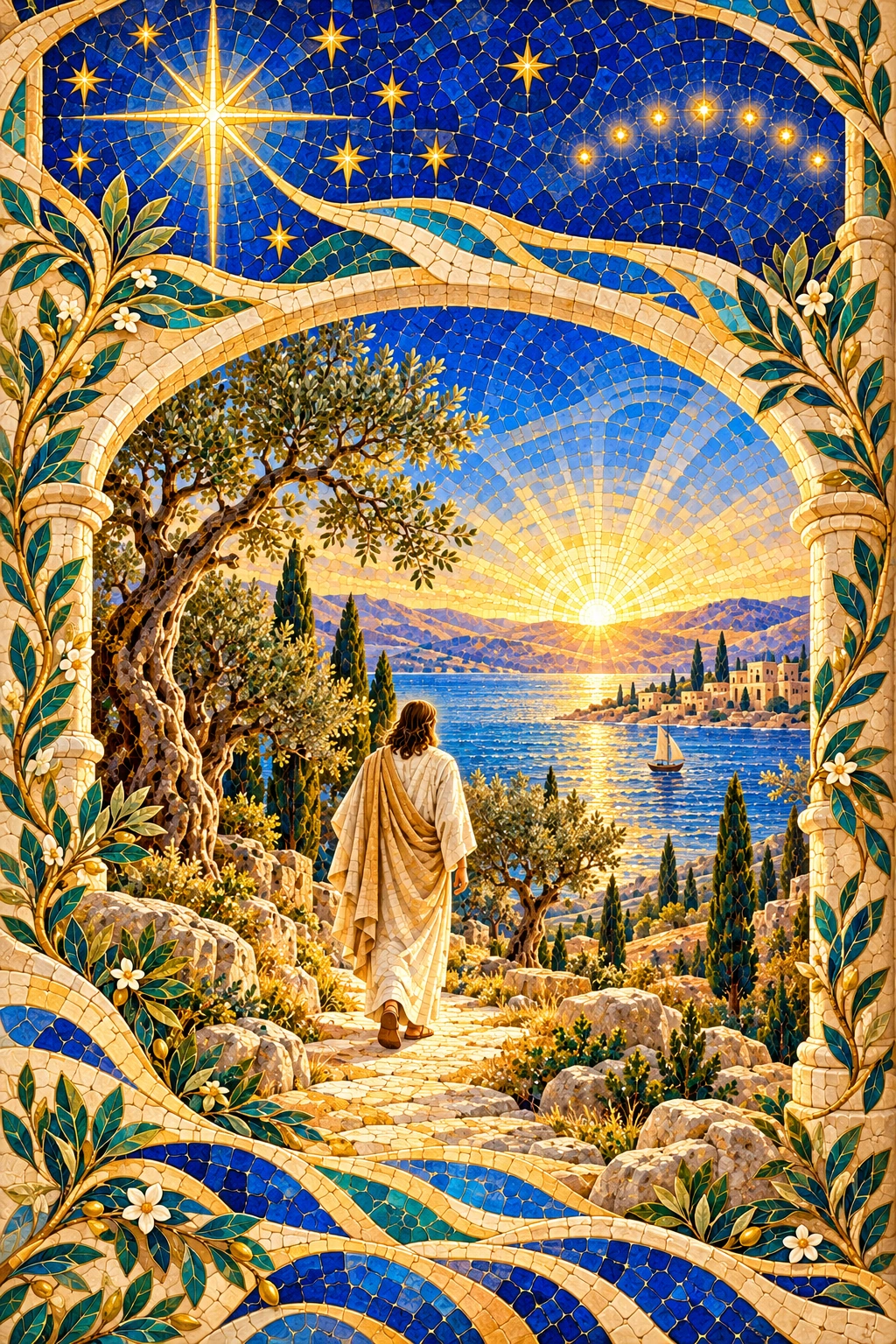 Mosaic cover art showing Jesus walking toward the Sea of Galilee at dawn